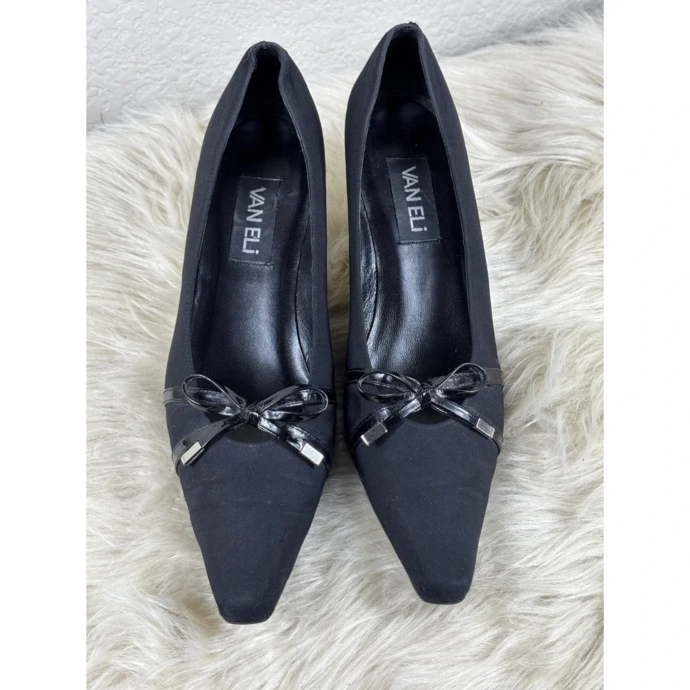 VANELi Black Satin‎ Heels Snip Toe Pumps Narrow Career Evening Wedding Chic 9N